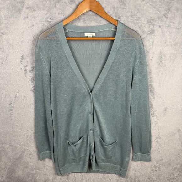 Garnet Hill Women’s 100% Linen Open Knit Cardigan Teal Blue Green Small Beachy - Picture 1 of 6
